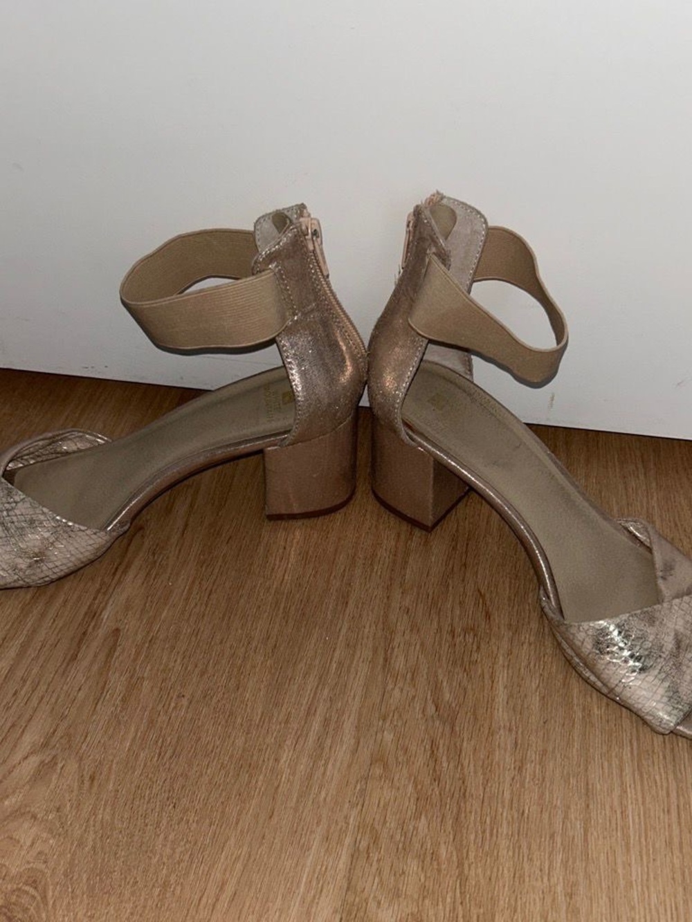 White Mountain Metallic Nude Block Heel Sandals with Ankle Strap